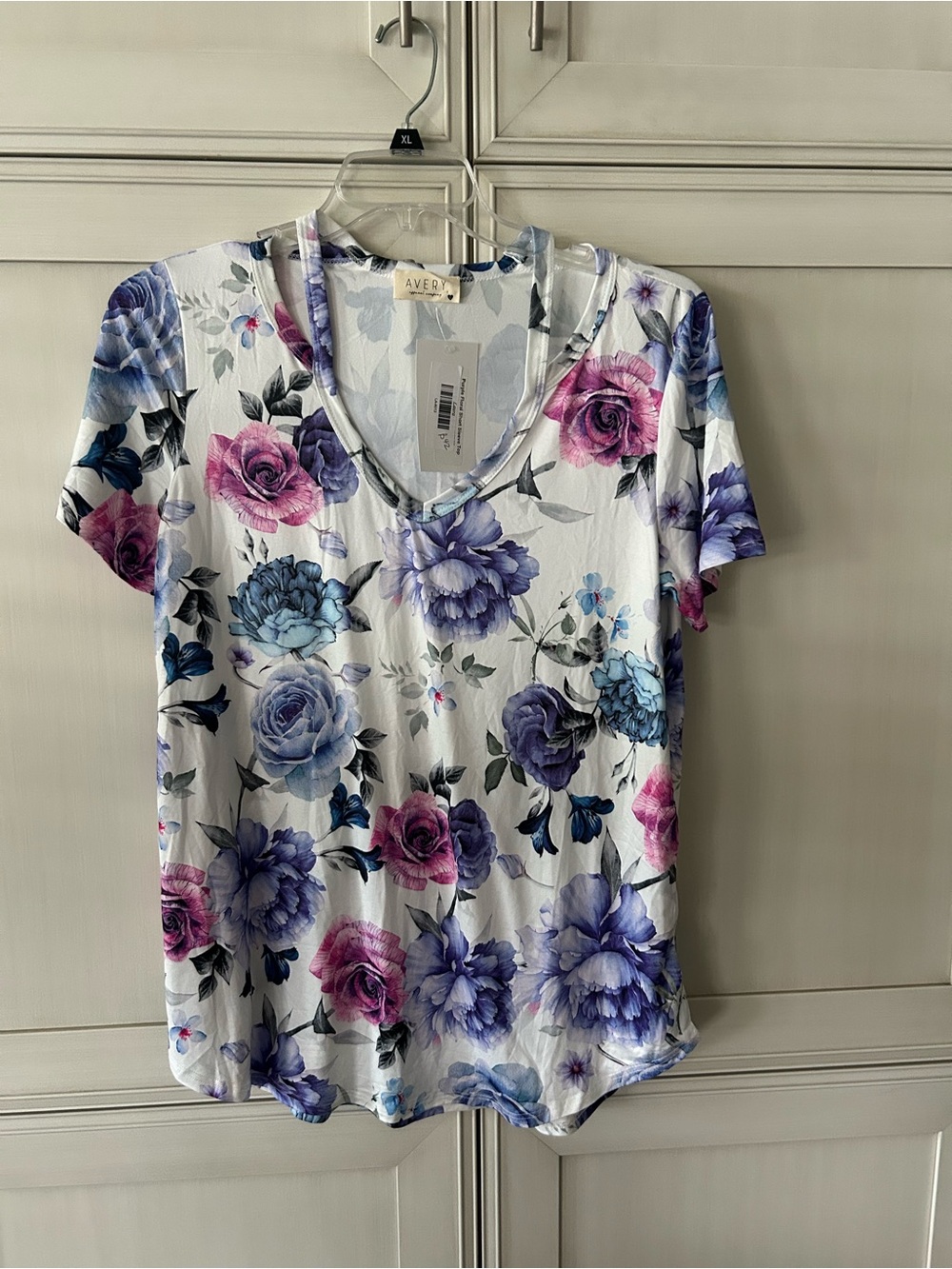 Avery White V-Neck Short Sleeve Tee with Pink & Blue Floral Print